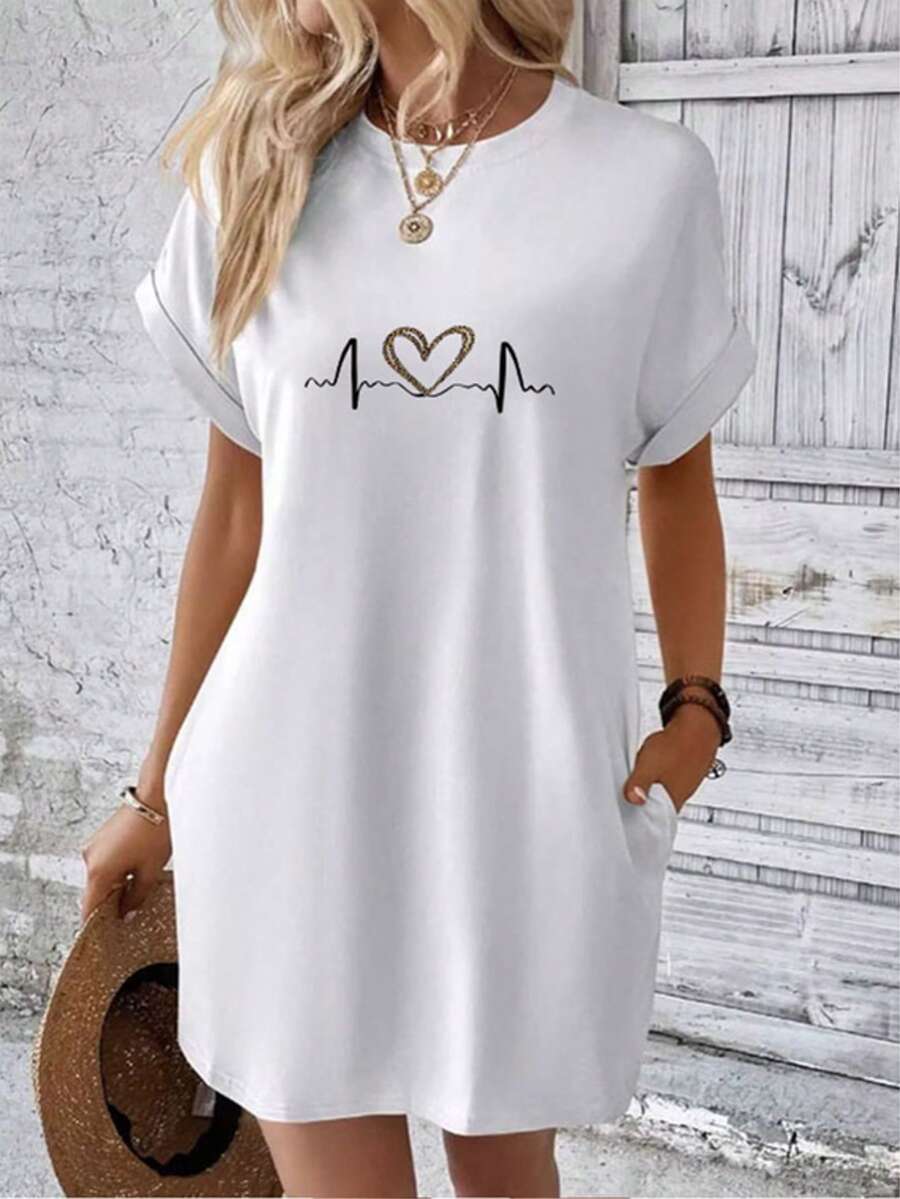 Camiseta casual relajada de uso diario para mujer con bolsillos laterales y estampado gráfico de latidos de corazón - Blanco - Ver 1