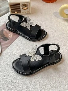 Summer Toddler Girls Sandals White Butterfly Rhinestone Decor Open Toe Comfort Breathable Kids Fashion Shoes For Daily & Party Wear - Black - View 9