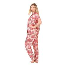 Luxury Satin Toile Print Pyjama Set – Short Sleeve, Button-Up & Pockets - Red - View 4