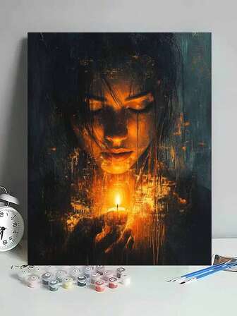 1 set kvinna tänder ljus digital oljemålning DIY Art Kit utan ram, heminredning för vardagsrum och sovrum, kreativ present till semester, födelsedag, 16"X20"