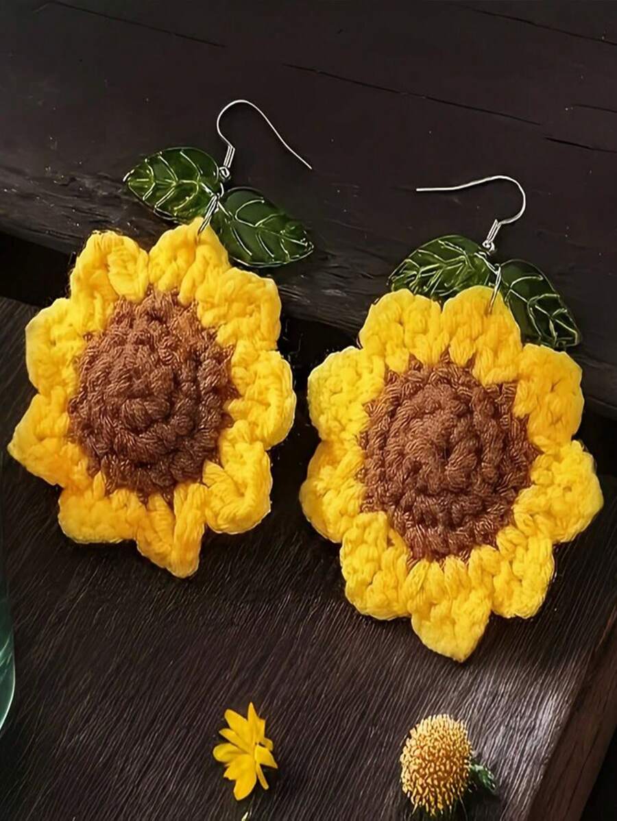 1 Par de Brincos Minimalistas Tricotados com Flor, Girassol e Folha Verde, Design Criativo para Mulheres, Uso Casual