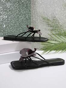 法式平底花朵系带一脚蹬女式凉鞋，全新夏季时尚精致优雅设计，适合约会、派对、通勤、购物、聚会、度假、海滩 - 黑色 - 查看 7