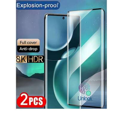 2片装3D曲面钢化玻璃屏幕保护膜，兼容三星Galaxy、红米、荣耀、Realme、OPPO、VIVO、一加等手机。无气泡，易于安装，贴合牢固。支持指纹解锁，经久耐用，防碎裂，全屏覆盖，触控灵敏，易于安装/防摔防刮。