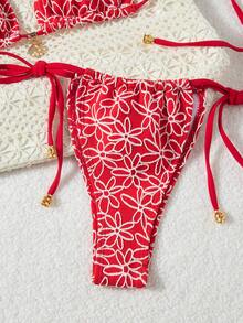 2pcs Women Knit Jacquard Cute Split Bikini Swimsuit, Vacation Beach - Red - View 2