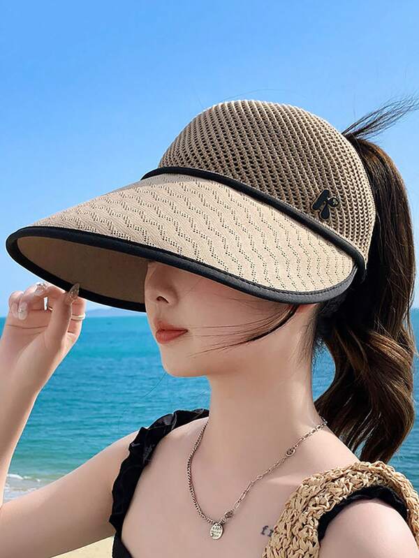 Summer Sun Protection Visor Hat, Knitted Patchwork Outdoor Sunshade Foldable Wide Brim Hat