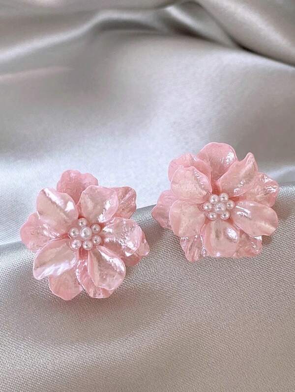 1 Pair Fashion Elegant Flower & Pearl Stud Earrings, Suitable For Everyday, Travel & Holiday Wear