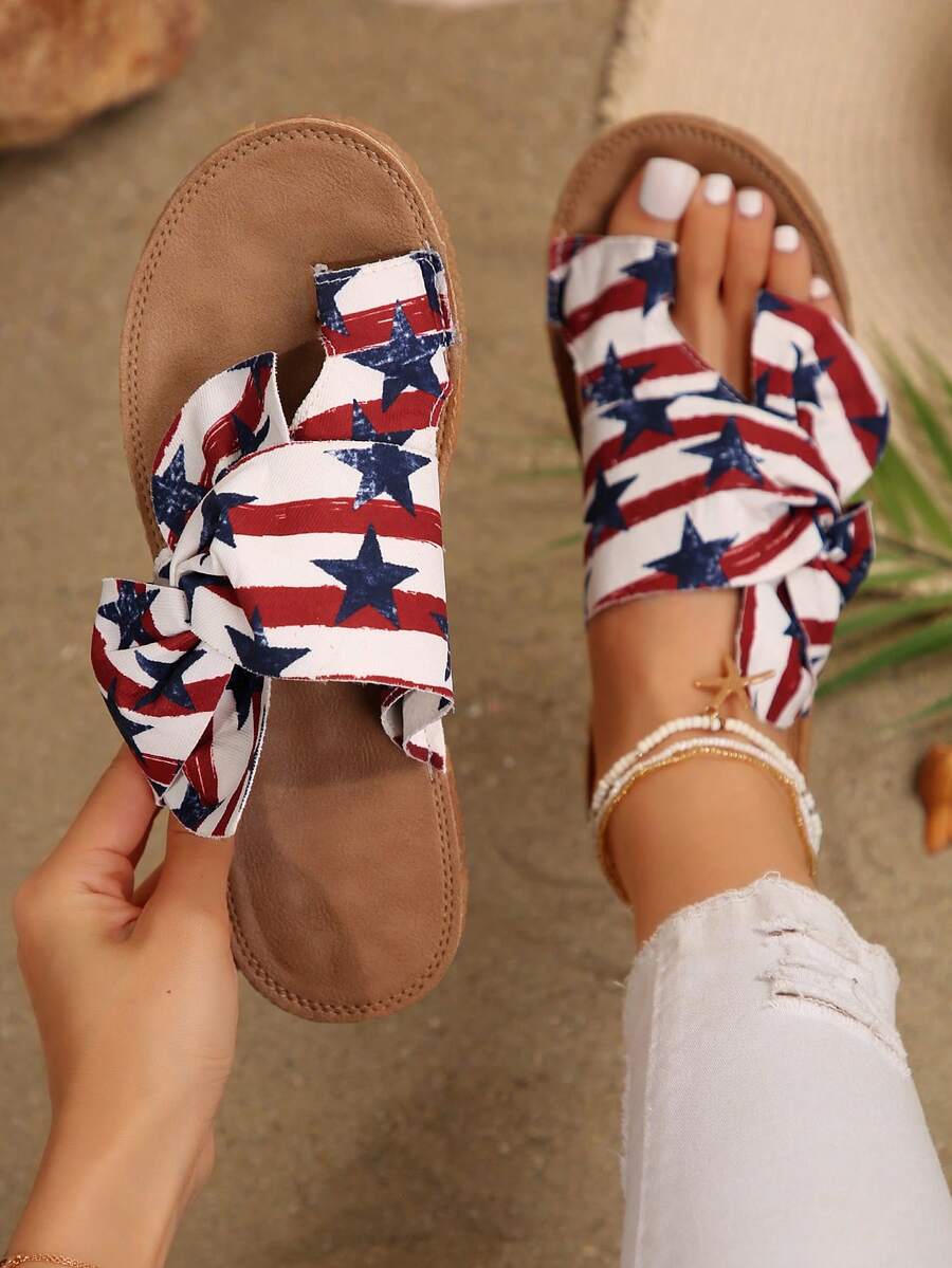 Women's Star Spangled Flat Flip Flops With Bow Decor, Suede Strap Toe, Fisherman Style, USA Independence Day, Summer Beach Slippers
