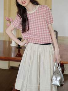 Alicedudu 女士甜美可爱格子圆领短袖套头衫，夏季 - 粉色 - 查看 5