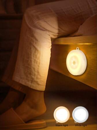 1pc Motion Sensor Round Wall Light, Plastic Material, Warm/White Light, Human Body Induction Lamp, Long Cabinet Light, Wardrobe Light, Corridor, Cabinet, Sensor Light, Powered By 3 AAA Batteries (Batteries Not Included)