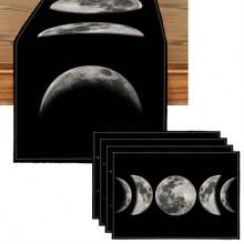 1 pièce Nappe de la série Lune, 4 pièces Sets de table imprimés Lune, convient pour les festivals, les fêtes, les anniversaires, les dîners, les cuisines, les salles à manger, la décoration de la maison toute l'année, drapeaux de table