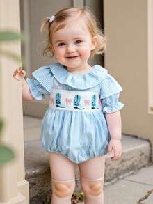 Baby Girl Summer Plaid Romper Short Puff Sleeve Ruffled Round Neck Jumpsuit Bow Embroidery Bubble Bodysuit - Blue - View 6
