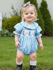 Baby Girl Summer Plaid Romper Short Puff Sleeve Ruffled Round Neck Jumpsuit Bow Embroidery Bubble Bodysuit - Blue - View 7