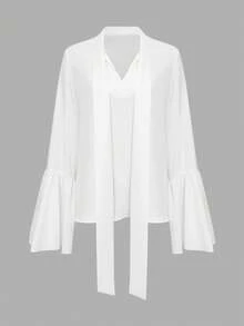 女士春夏薄款纯色长袖蕾丝袖口休闲优雅通勤度假女上衣