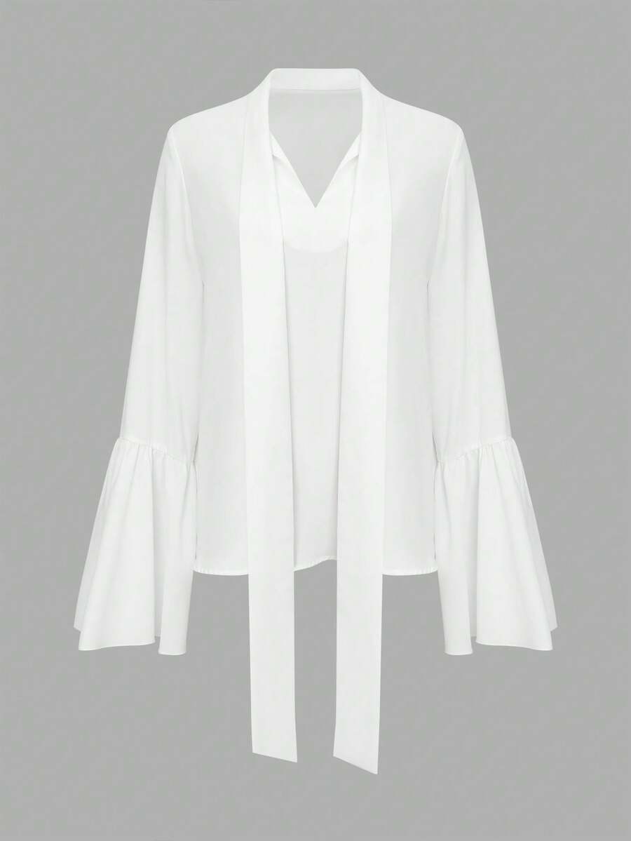 女士春夏薄款纯色长袖蕾丝袖口休闲优雅通勤度假女上衣