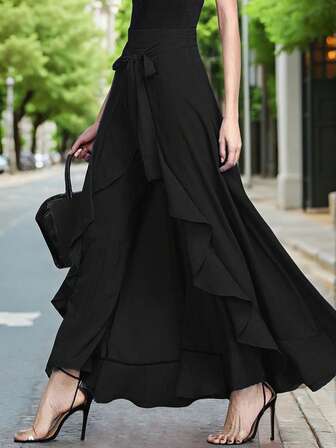 Falda larga con abertura y volantes en la cintura, pantalones estilo falda para damas en primavera y verano