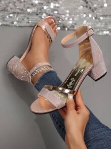Sandales élégantes à talon épais pour femmes - Bout ouvert, talon couvert, design pailleté, talons d'été