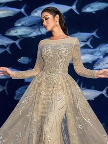 Faeriesty Haute Glamour Luxurious Sequined Mermaid Gown With Intricate Beading & Long Sleeves - Regal Underwater Fantasy Dress For Garden Banquets, Red Carpet Events, Underwater Photoshoots & Marine-Themed Weddings - Rượu sâm banh - Xem 7
