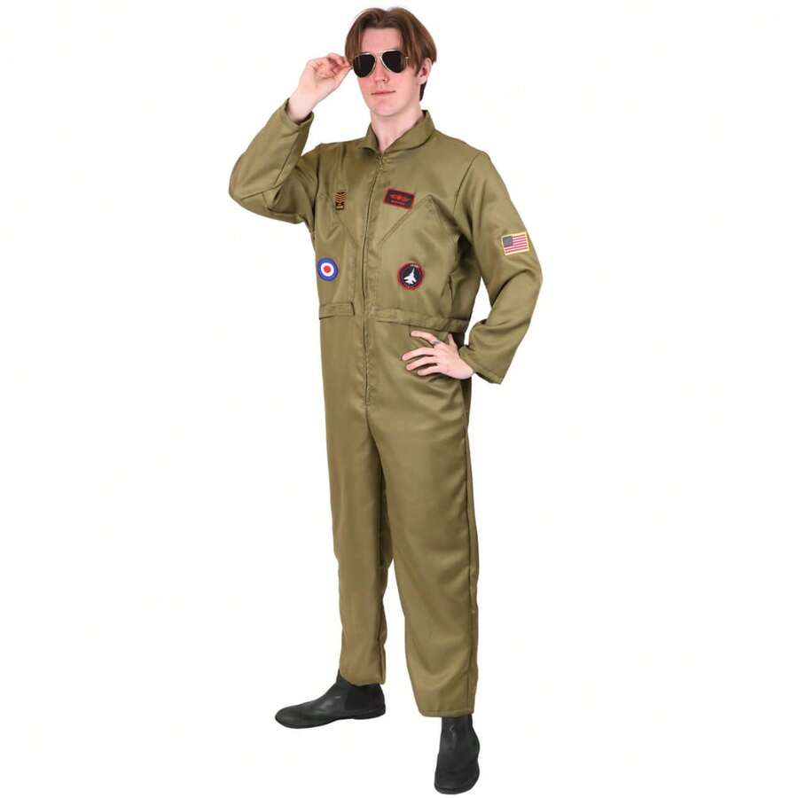 Adults Fighter Pilot Costume – Military Aviator Fancy Dress Jumpsuit With Badges & Patches – Top Gun Inspired Outfit For Fancy Dress, Halloween & Themed Parties