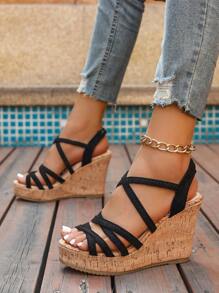 Damen Sommer Riemen Weiche Kork Keilsandalen - Offene Zehenform, High Heel Dicke Plateau Khaki Erhöhung Höhe Sandalen, Lässig Strand Essentiell, Gewebte Sandalen