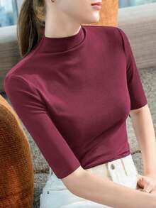 WOMEN'S HIGH NECK KNITTED BLOUSE WITH SIMPLE HALF SLEEVE, RIB FABRIC S M L - 酒紅色 - 查看 2
