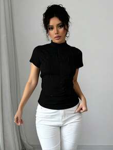 Blusa cuello alto manga corta aplicaciones brillantes varios colores tejido ajustado - Negro - Ver 3