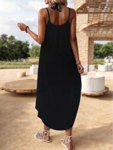 Vestido Midi Holgado de Escote en V con Tirantes - Negro - Ver 2