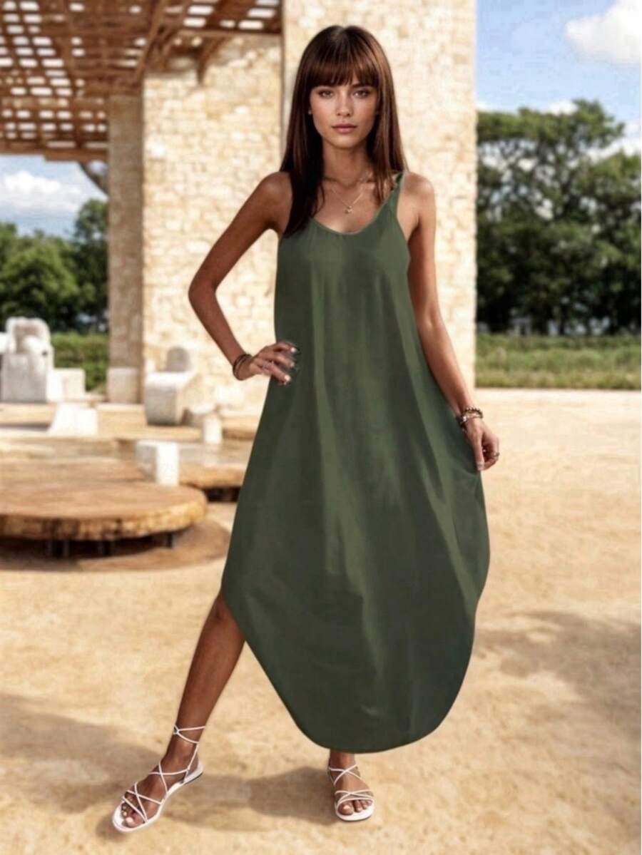 Vestido Midi Holgado de Escote en V con Tirantes - Verde militar - Ver 1