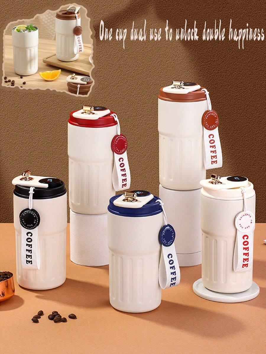 1PC Coffee Cup With Built-In Temperature Indicator And Portable Hand Strap, Made Of Double-Walled Heat-Insulated Stainless Steel, Ideal For Sports, Office, Car, Outdoor Activities And School Use