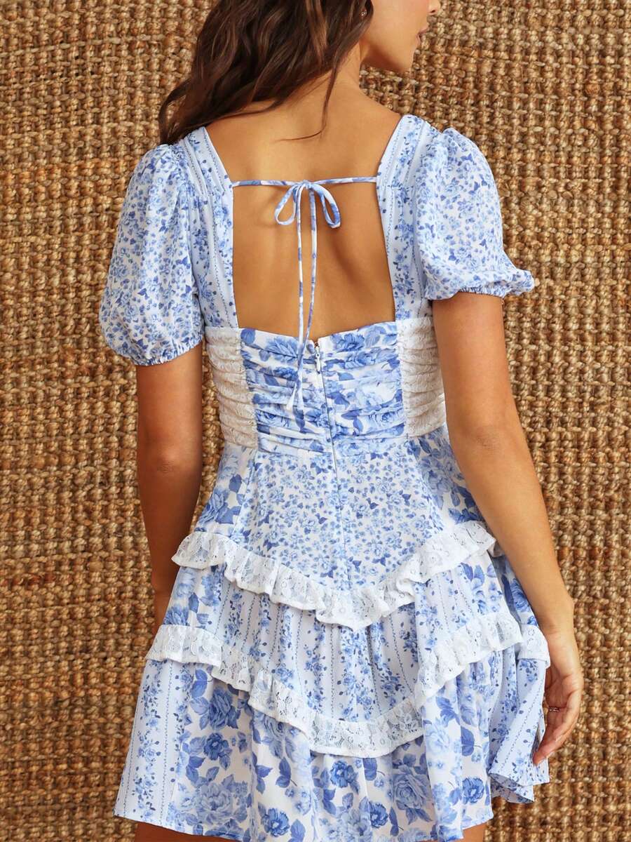 Women Floral Patchwork Mini Dress V Neck Tie Back Tiered Ruffle Dress Bohemia Layered Swing Dress - 藍色 - 查看 1