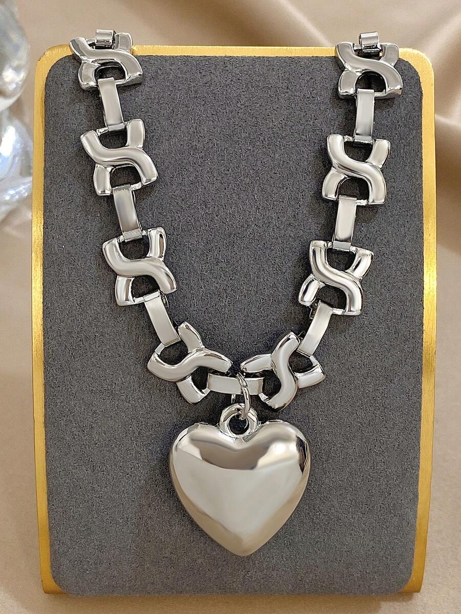 قلادة قلب فضي للنساء، قلادة سلسلة هندسية ضخمة، قلادة مجوهرات يومية وحفلات، هدايا عيد الأم، صيف