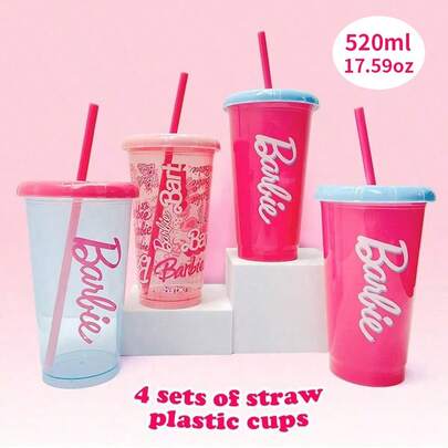 Miniso Barbie Sunshine Radiance Series 4-Piece Set Of 520mL Straw Plastic Cups (1PC) Sports Bottle, Water Bottle For Outdoor