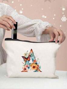 26 Letter & Floral Canvas Zipper Pouch - Lightweight Foldable Makeup Bag, Washable White Cosmetic Pencil Case, Suitable For Women, Mothers & Daughters - Perfect Gift For Graduation, Wedding, Holiday - Multicolor - View 2