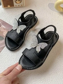 Summer Toddler Girls Sandals White Butterfly Rhinestone Decor Open Toe Comfort Breathable Kids Fashion Shoes For Daily & Party Wear - Black - View 5