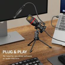 Microfone de Condensador Diafragma Pequeno USB para Streaming de Podcast em PC com Iluminação RGB, Tripé, Filtro Anti-Pop, Conectividade USB-C, Plug and Play