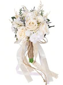 Bride And Bridesmaid Wedding Bouquet, White & Champagne Artificial Rose Wedding Decoration, Artificial Rose Wedding Bouquet, Bridal Bouquet, Bridesmaid Bouquet, Wedding Centerpiece Floral Arrangement, Party Home Decor Gift, Birthday Graduation