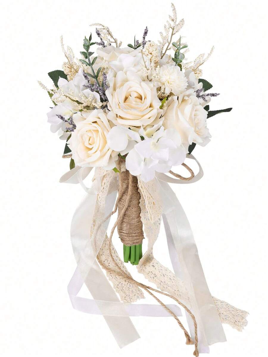 Bride And Bridesmaid Wedding Bouquet, White & Champagne Artificial Rose Wedding Decoration, Artificial Rose Wedding Bouquet, Bridal Bouquet, Bridesmaid Bouquet, Wedding Centerpiece Floral Arrangement, Party Home Decor Gift, Birthday Graduation