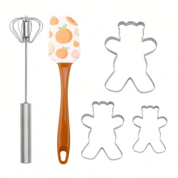 1 Stück/5 Stücke Teddy Bär Backwerkzeugset, beinhaltet Ausstechform aus Edelstahl in Bärenform, halbautomatischer Eierbeater, Silikon Spatel, kleine Küchenutensilien zum Kekse, Cremes herstellen, geeignet für Zuhause Treffen, Geburtstagsfeiern, Bäcker, Feiertage