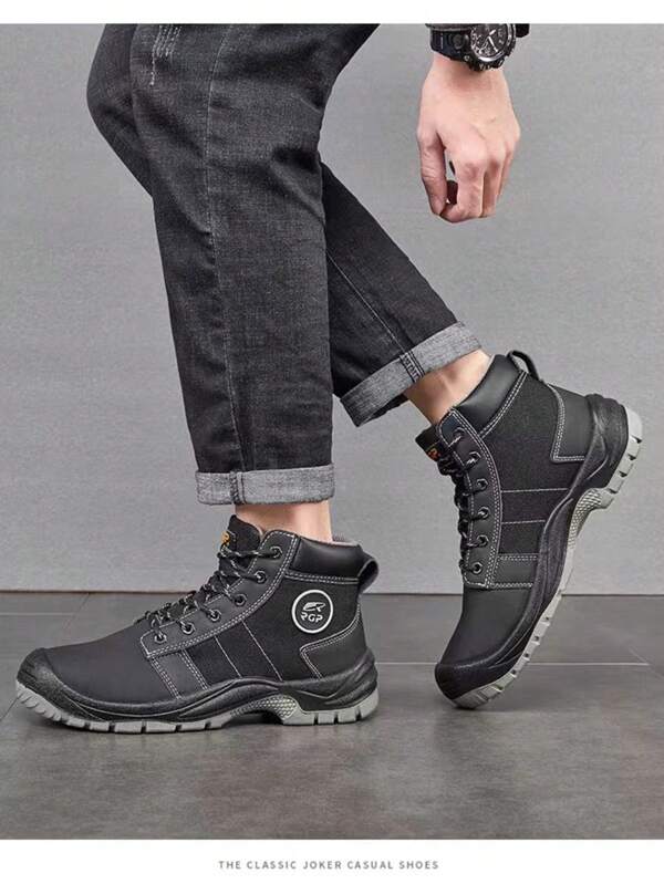 New Men's Steel Toe Safety Shoes, Non-Slip Wear-Resistant Steel Sole, High-Top, Solid Color, Work Boot Style, PU Leather, Suitable For Outdoor Work All Seasons
