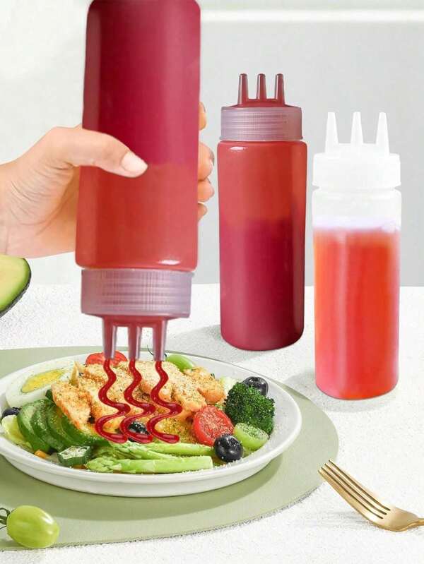 1 pieza Envase de apretón con tres agujeros para salsa, aliño de ensalada, herramienta de cocina para hornear y cocinar