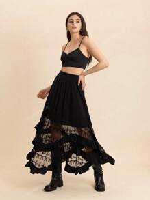 Rusttydustty Gonna midi a pieghe elegante e vintage in stile bohémien, con elementi in pizzo nero e motivo asimmetrico, adatta per outfit da spiaggia, festival musicali Hawaii Coachella e vacanze tropicali