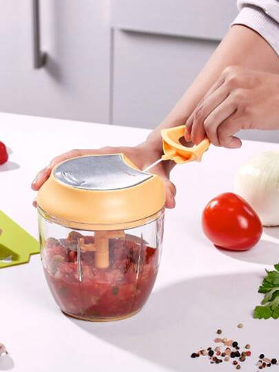 Cortador de Alimentos Manual Multifuncional con Cuerda Retráctil | Pica Verduras, Frutas, Cebolla, Ajo, y Más | Incluye Espátula, Batidor y Cuchillas de Acero Inoxidable | Ideal para Cocina Rápida, Segura y Sin Electricidad