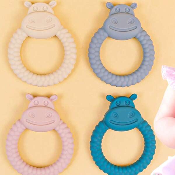 2 piezas Anillos de dentición de silicona para bebés - Diseño adorable de hipopótamo, mordedor para recién nacidos e infantes, juguete de masticación sensorial para aliviar las encías doloridas, masaje suave y desarrollo motor oral, juguetes de dentición suaves y texturizados, fáciles de agarrar, regalo para baby shower y cumpleaños de niños y niñas