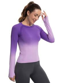 MathCat Damen Langarm-Fitness-Top, Ombre-Lauftrikot, nahtloses, atmungsaktives Oberteil mit Daumenlöchern