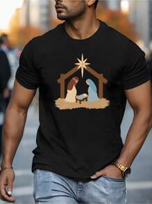 T-shirt da uomo con scena della Natività di Natale, t-shirt casual da uomo in puro cotone con scollo tondo e maniche corte da 220 g/m² (1 pezzo)