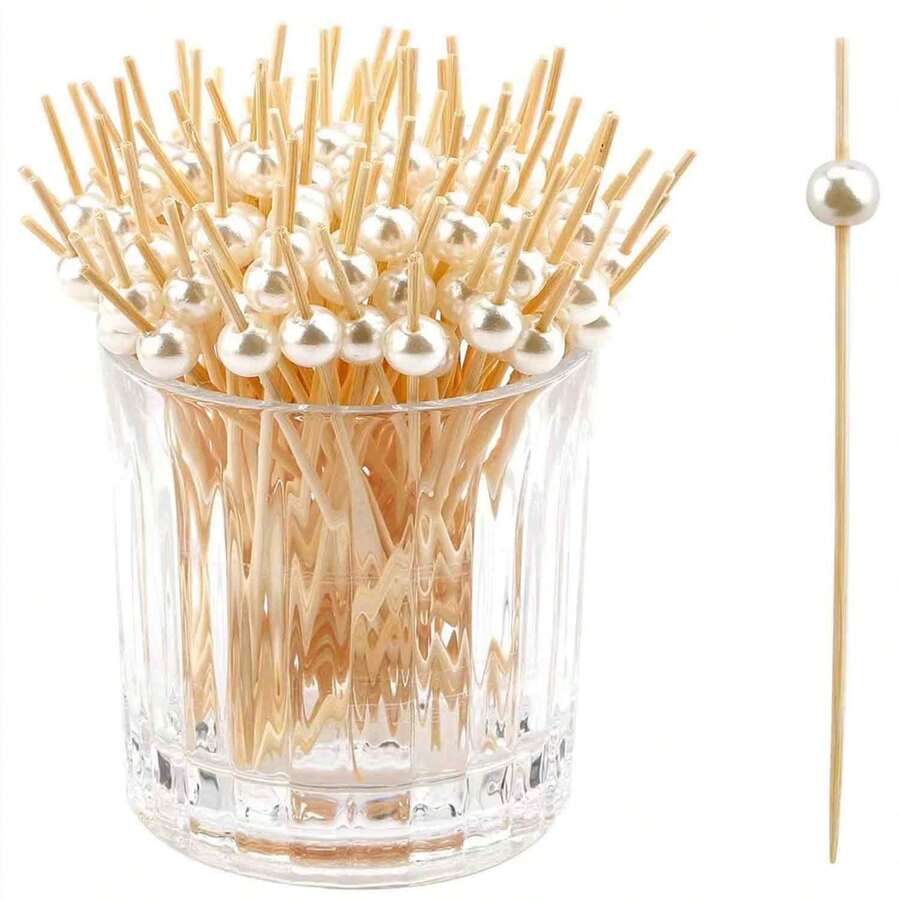 10/50/100/200pcs White Pearl Bamboo Fruit Skewers, Suitable For Outdoor BBQ/Cocktail Party - White - View 1