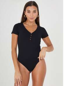 brave soul T-Shirt Bodysuit With Button Detail - Black - View 2