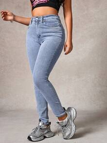 Jeans elásticos casuales ajustados de unicolor para mujer