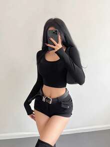 Women's Long Sleeve T-Shirt Ribbed Fabric S M L - Black - View 3