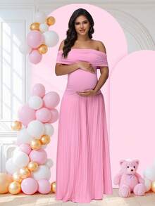 JustVH 孕妇露肩派对连衣裙褶边女式婴儿洗礼长裙