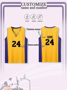 2 piezas Camiseta de baloncesto personalizada con cuello en V para niños y niñas, chaleco sin mangas de verano con números, conjunto de uniforme de baloncesto amarillo, camisetas de equipo de baloncesto personalizadas para niños, top sin mangas personalizado con cuello en V, multifuncional, ornamental, con letras, elegante, moderno, colorido, adorable, casual, personalizado, único, ideal como regalo para él o ella. - Amarillo - Ver 4